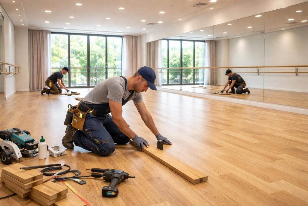 aménagez votre studio de danse avec un parquet flottant de qualité, installé par des artisans menuisiers expérimentés pour un sol durable et esthétique.