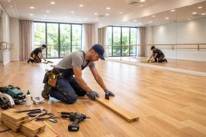 aménagez votre studio de danse avec un parquet flottant de qualité, installé par des artisans menuisiers expérimentés pour un sol durable et esthétique.