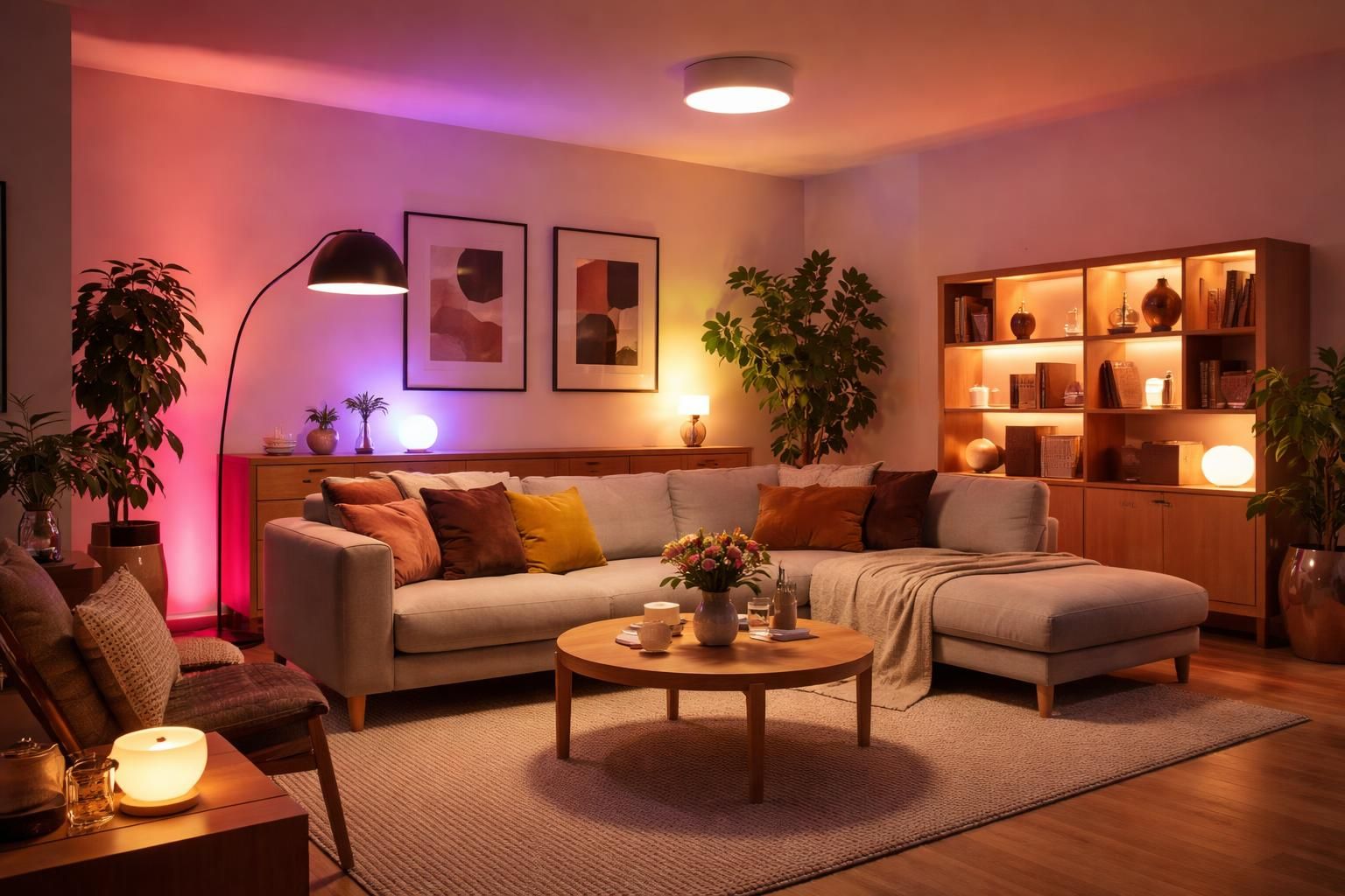 apportez une ambiance unique à votre salon grâce aux luminaires philips hue et aux meubles design habitat. transformez votre espace avec style et modernité.