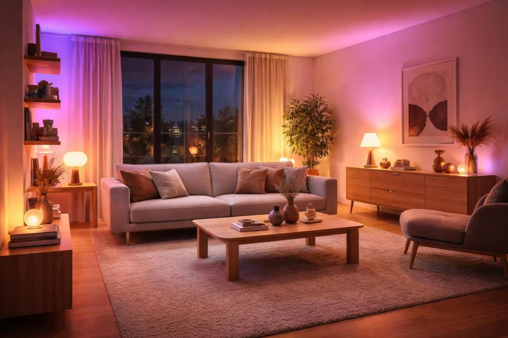 illuminez et sublimez votre salon grâce aux luminaires philips hue et aux meubles design habitat, pour un intérieur moderne et élégant.